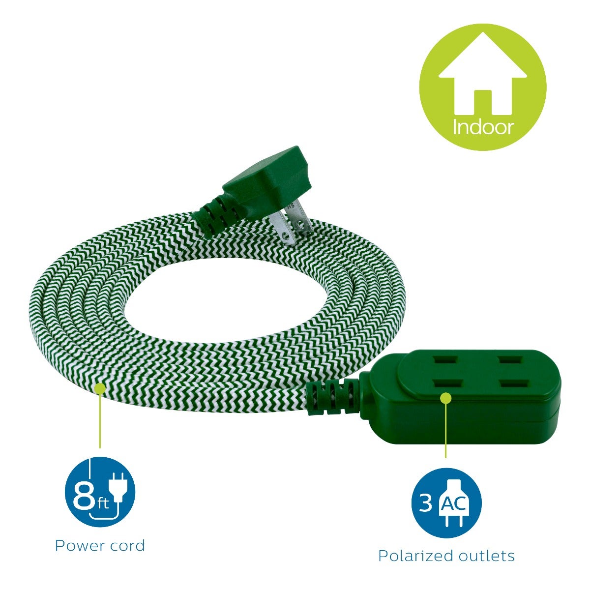 Philips 3-Outlet 8ft. Braided Extension Cord with Flat Plug, Green/White