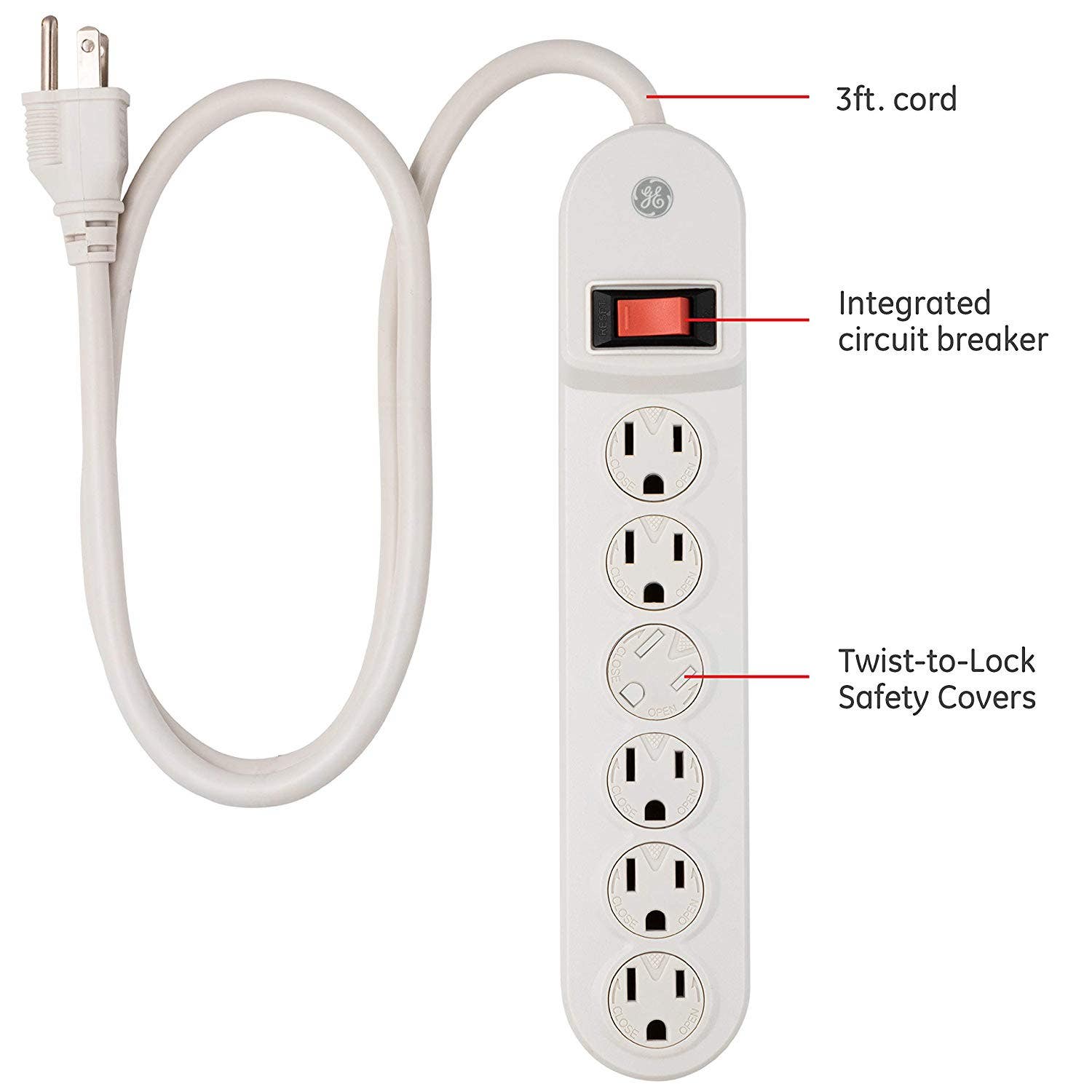 GE 6-Outlet 3ft. Power Strip with Twist-to-Close Safety Covers, White