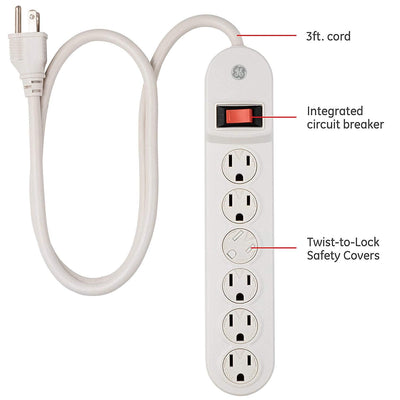GE 6-Outlet 3ft. Power Strip with Twist-to-Close Safety Covers, White
