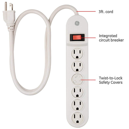 GE 6-Outlet 3ft. Power Strip with Twist-to-Close Safety Covers, White