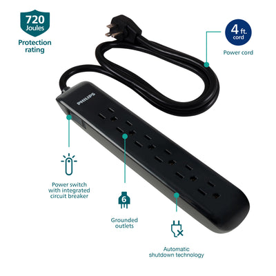 Philips 6-Outlet 4ft. Surge Protector, Black