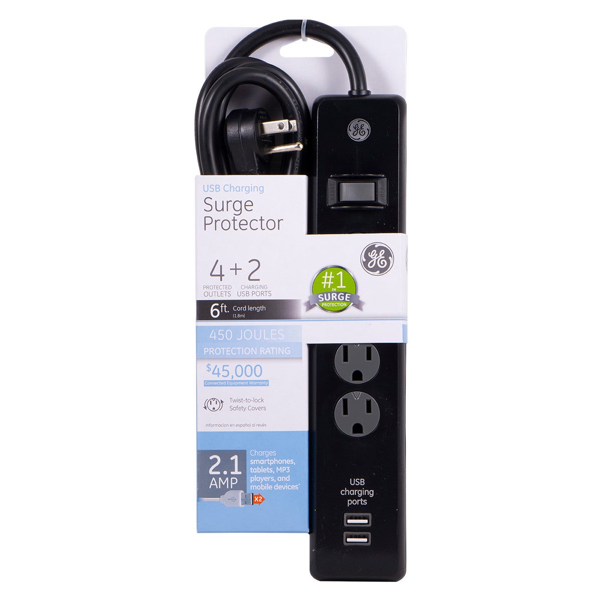 GE 4-Outlet 2-USB  6ft. Surge Protector, Black
