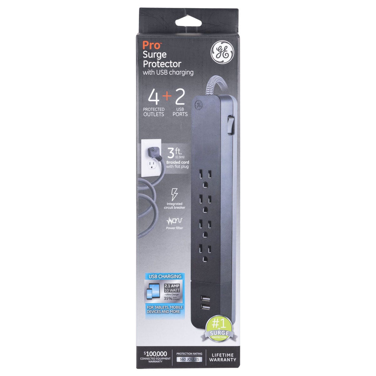 GE Pro 4-Outlet 2-USB 3ft. Surge Protector, Black