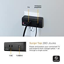 UltraPro HD Amplified Antenna with PureAmp™ Technology and 1 Outlet and 1 USB-A Wall Tap with Surge Protection, Black