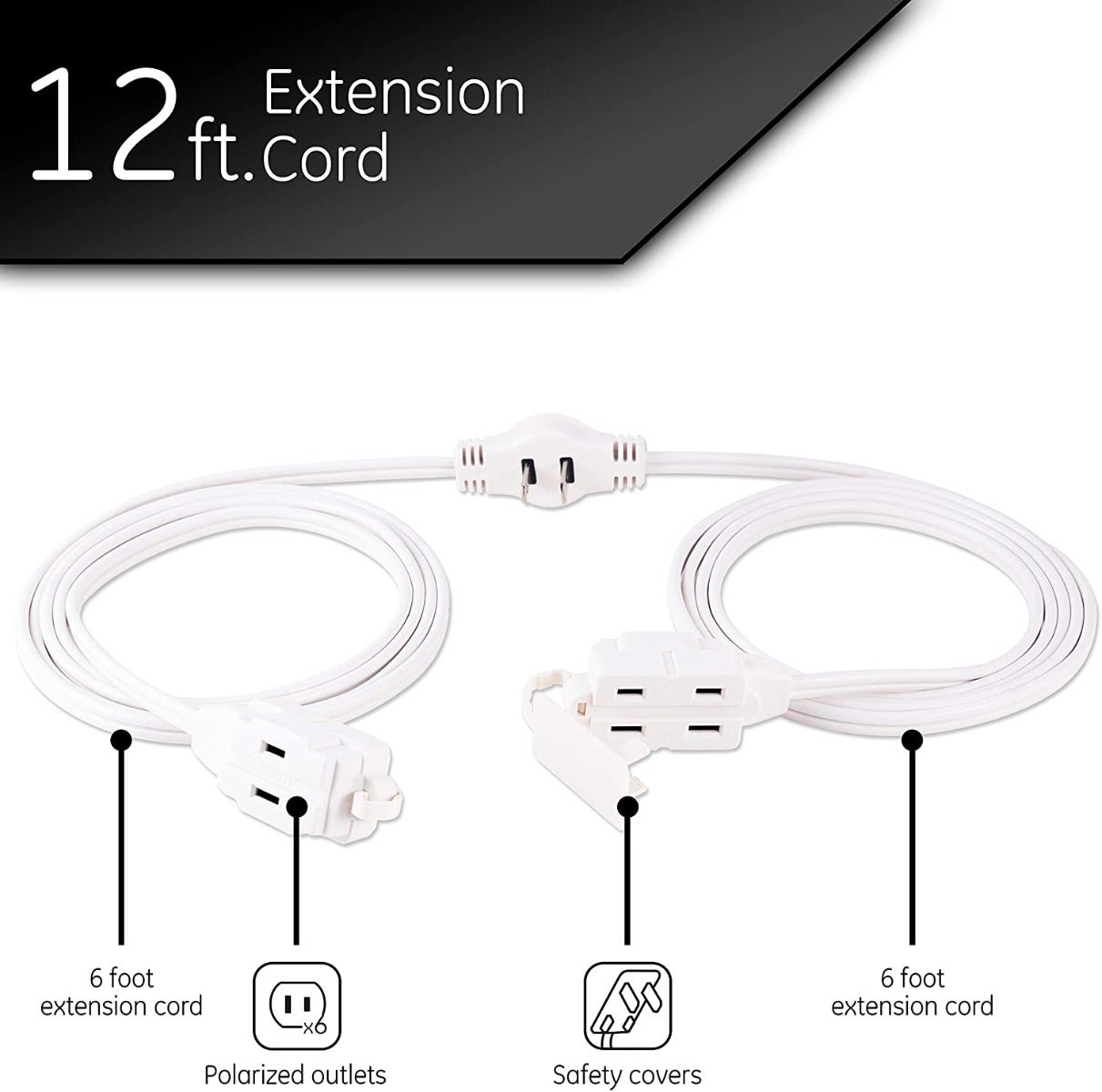 GE 3-Outlet 6ft. Polarized Dual Split Extension Cord, White