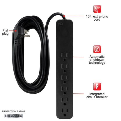 GE 6-Outlet 15ft. Surge Protector, Black