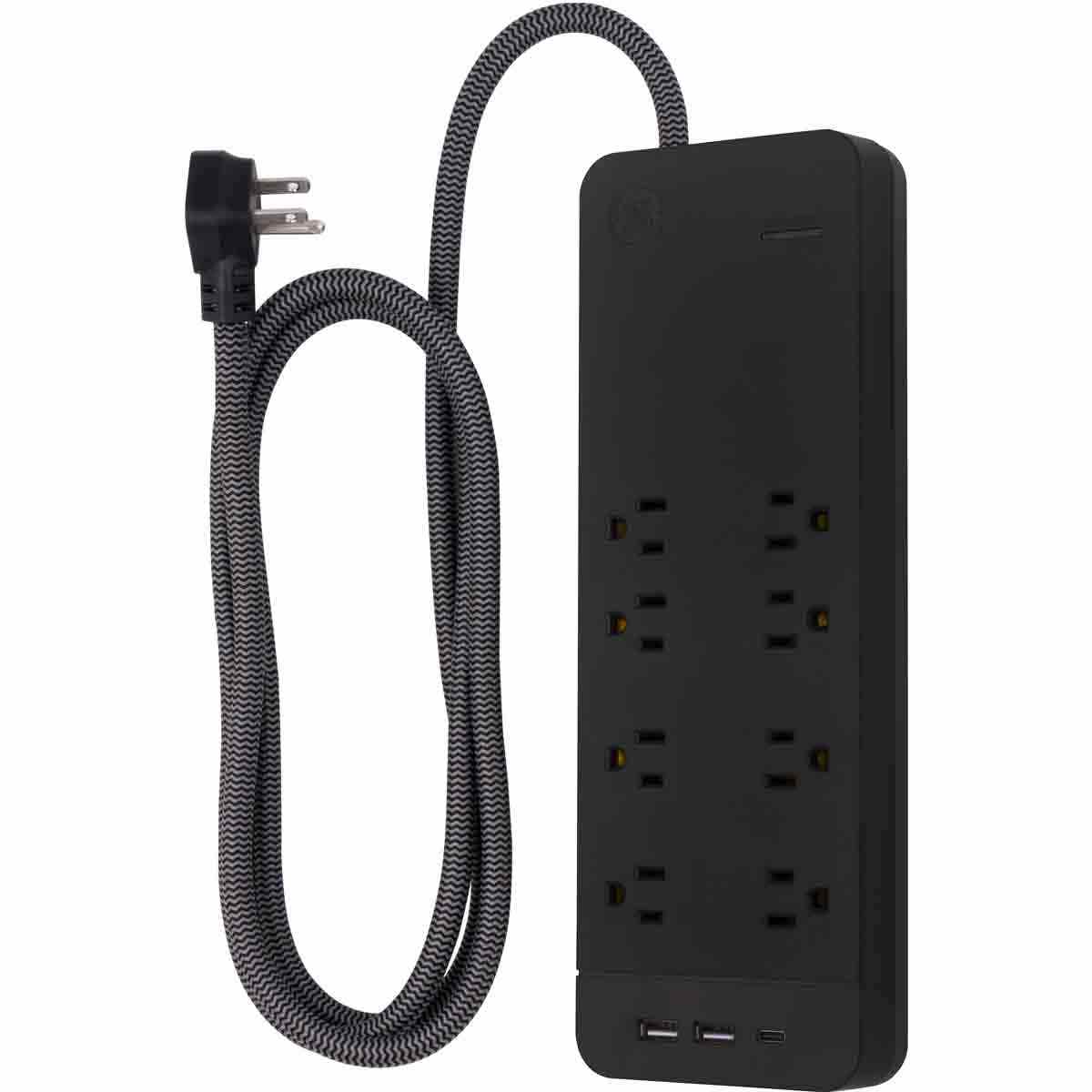 GE 8-Outlet 3-USB 6ft. Surge Protector with USB-C and Braided Cord, Black