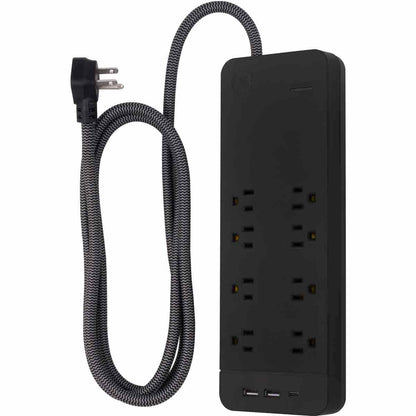 GE 8-Outlet 3-USB 6ft. Surge Protector with USB-C and Braided Cord, Black