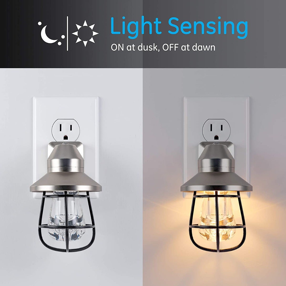 GE Vintage Cage Frame Light Sensing LED Night Light, 2 Pack, Brushed Nickel
