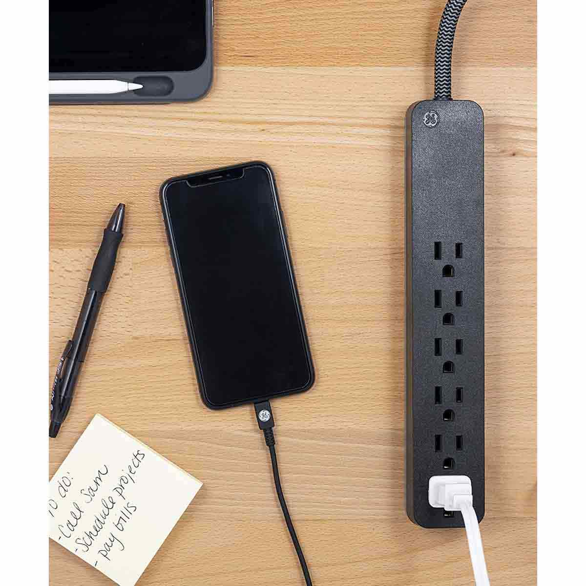 GE 6-Outlet 6ft. Surge Protector with Braided Cord, Black