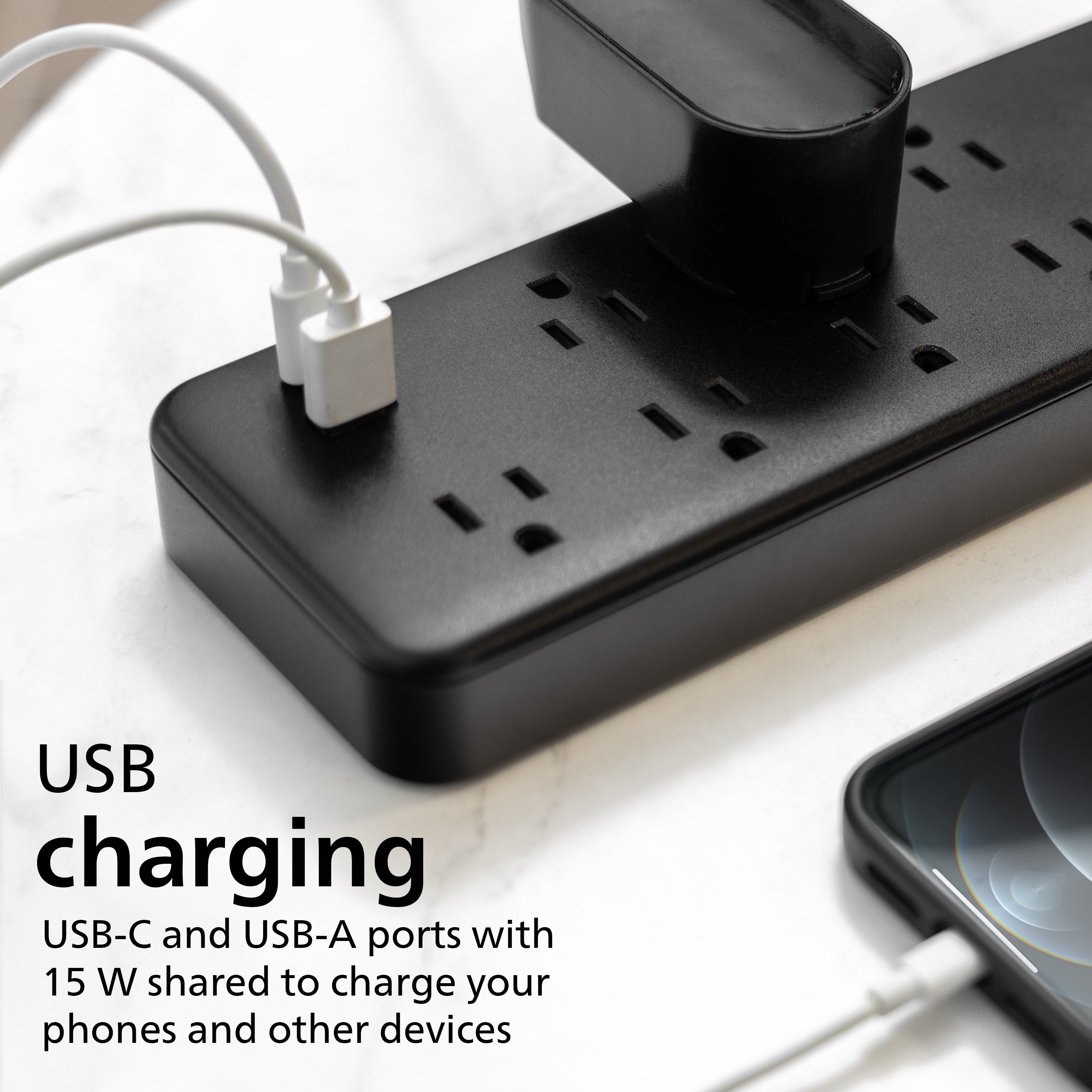 Philips 7-Outlet 6ft. 1 USB-A 1 USB-C Surge Protector With Adapter-Spaced Outlets, Black