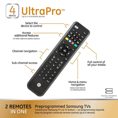 GE 4-Device Universal Companion Remote for Roku and Amazon TV with Flip and Slide Cradle, Black