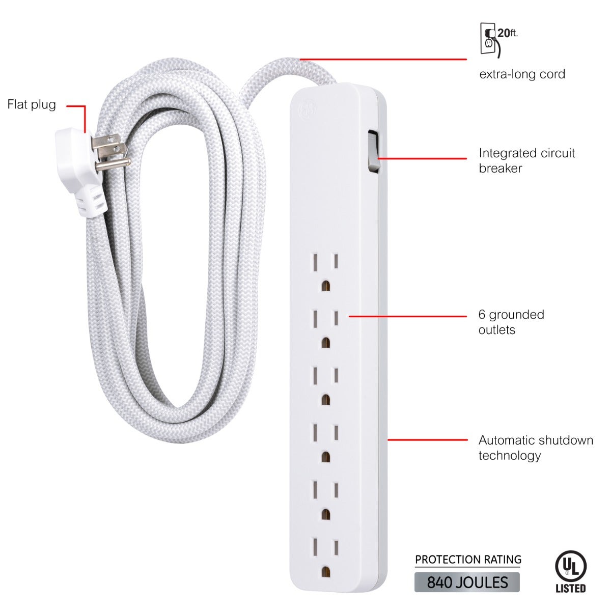 GE 6-Outlet Surge Protector 20ft. Braided Cord, White