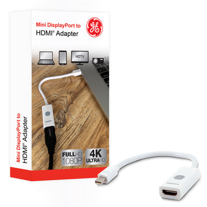 GE Mini DisplayPort to HDMI Adapter, Pigtail, Basic, White