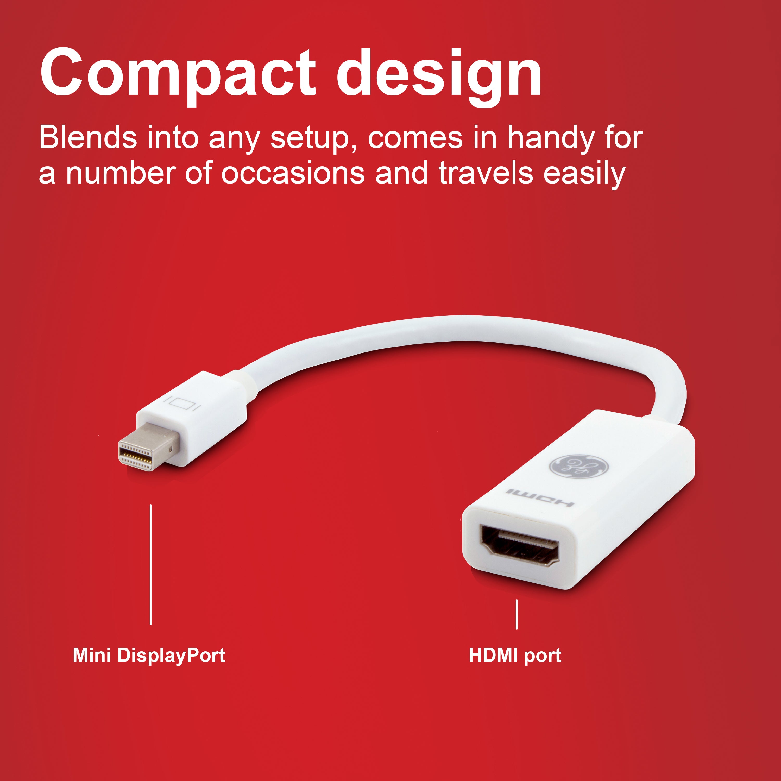 GE Mini DisplayPort to HDMI Adapter, Pigtail, Basic, White