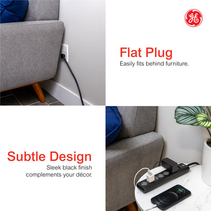 GE 6-Outlet Surge Protector Extension Cord, 800J, Black, 10ft., 2pk