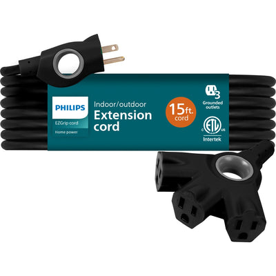 Philips EZGrip™ 3-Outlet 15ft. Indoor/Outdoor Extension Cord, Black