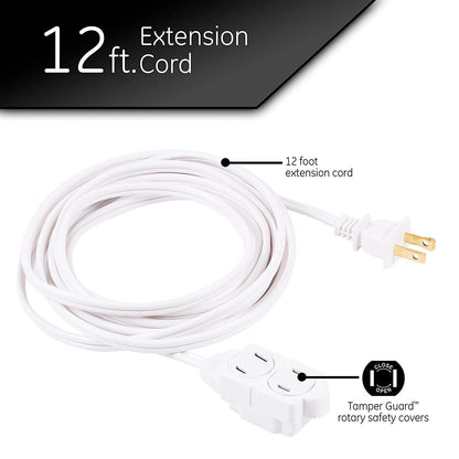 GE 3-Outlet 12ft. Extension Cord with Twist-to-Close Outlets, White