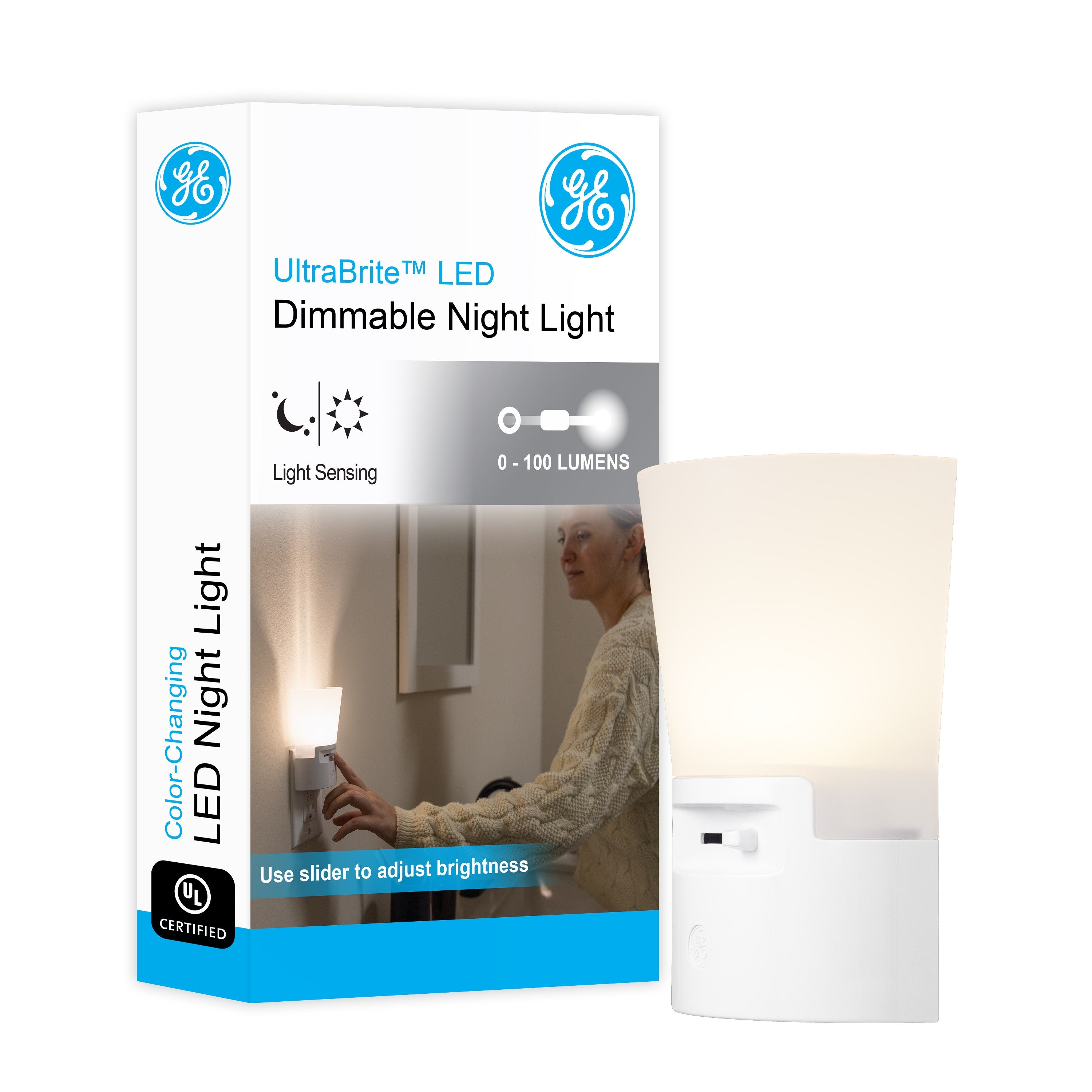 GE UltraBrite Sconce Light Sensing LED Night Light, White