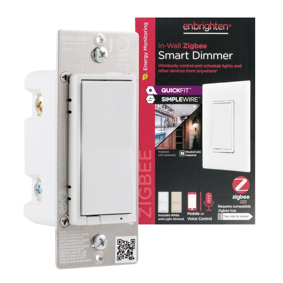 Enbrighten Zigbee In-Wall Smart Dimmer with QuickFit™ and SimpleWire™ and Energy Monitoring, White/Almond