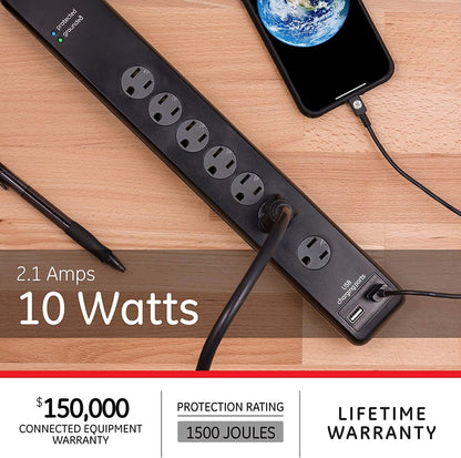 GE 7-Outlet 2-USB 4ft. Surge Protector, Black