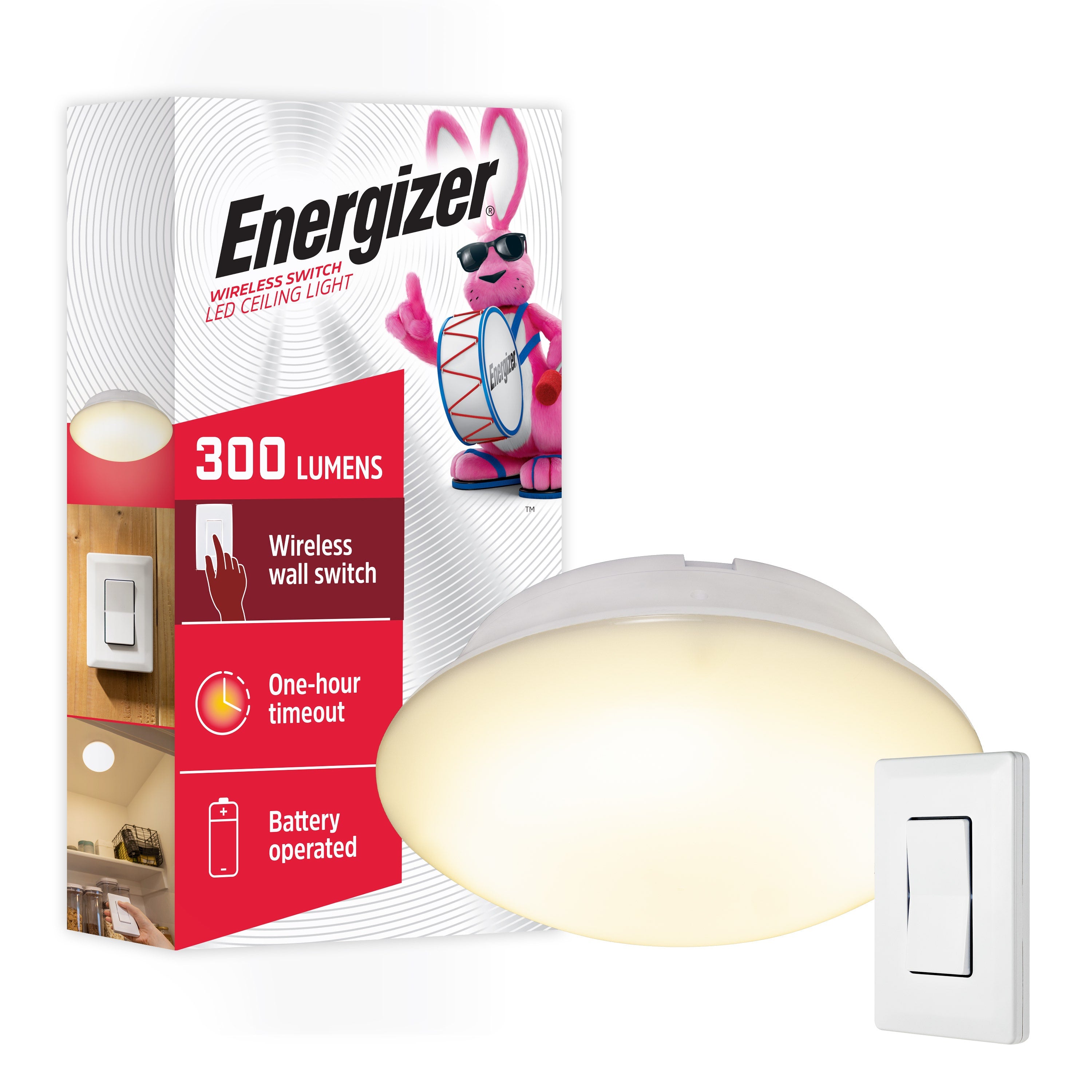 Energizer Battery Operated LED Ceiling Fixture with Wall Switch, White
