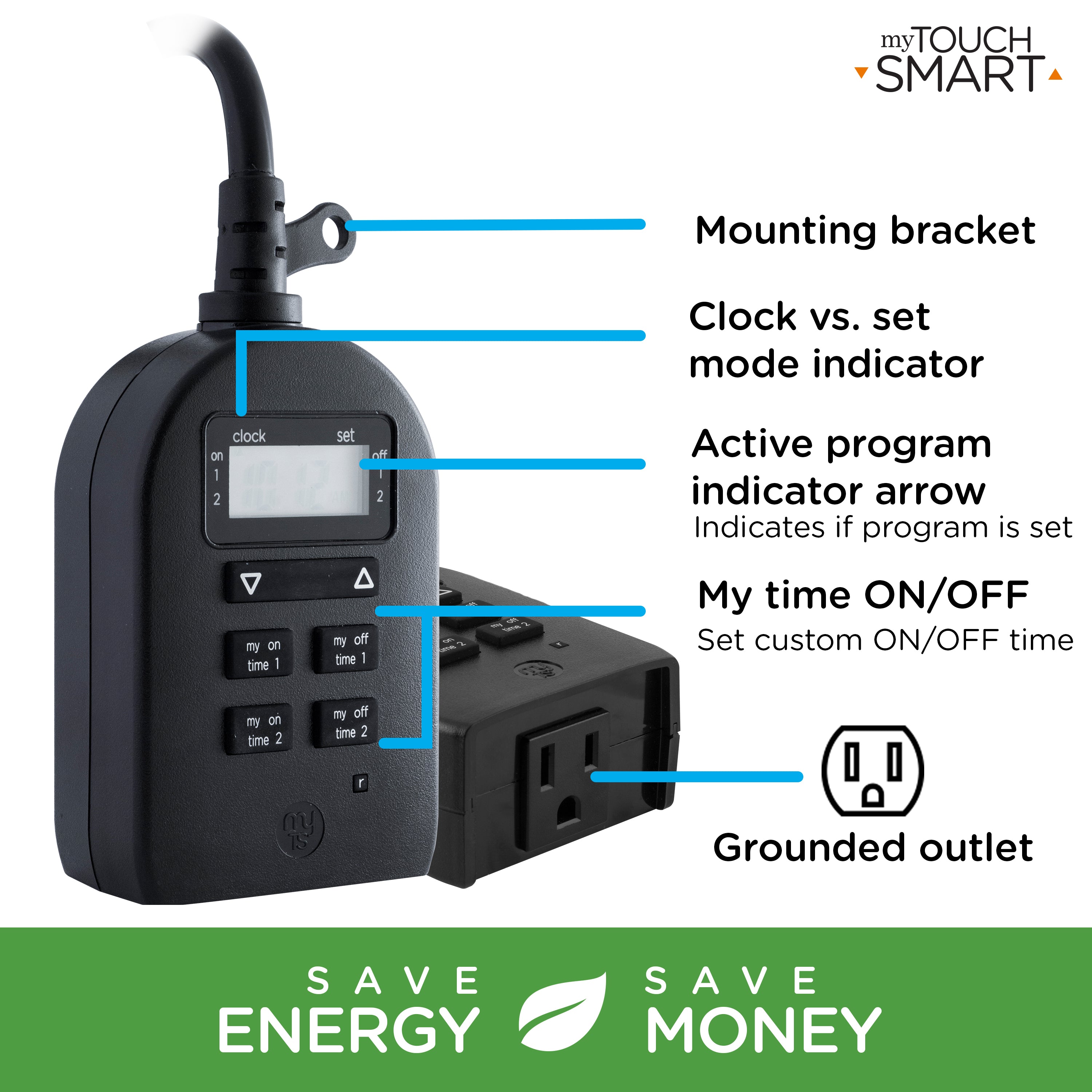 myTouchSmart Simple Set Digital Timer, Outdoor, 1 Grounded Outlet, Black