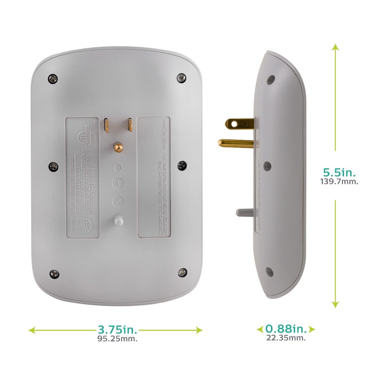 Philips 6-Outlet Wall Tap with Surge Protection, 2 Pack, Gray