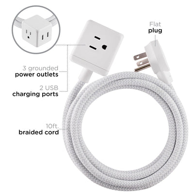 Cordinate 3-Outlet 2-USB 10ft. Braided Extension Cord Cube, White