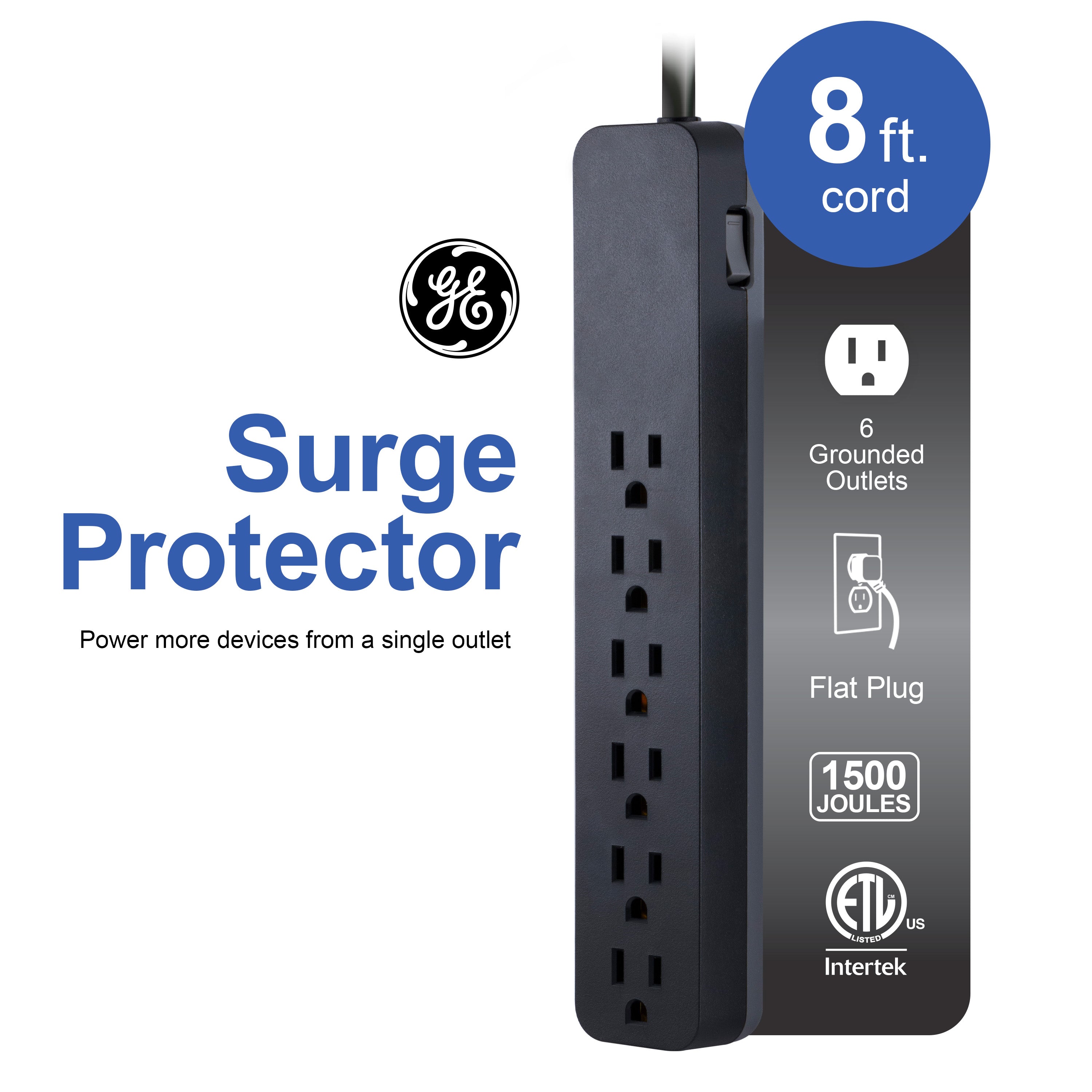 GE 6-Outlet Surge Protector, 1500J, 8ft. Black