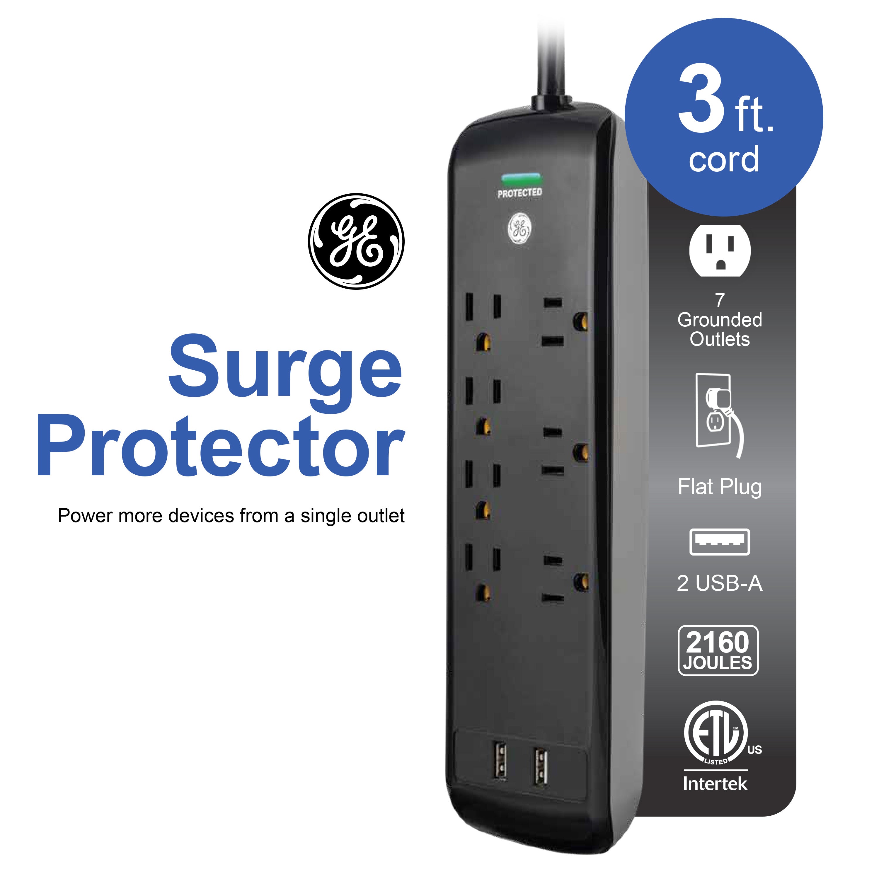 GE UltraPro 7-Outlet USB-Charging Surge Protector 1780J, 2 Ports, 2.1A, 3ft. Cord, Black