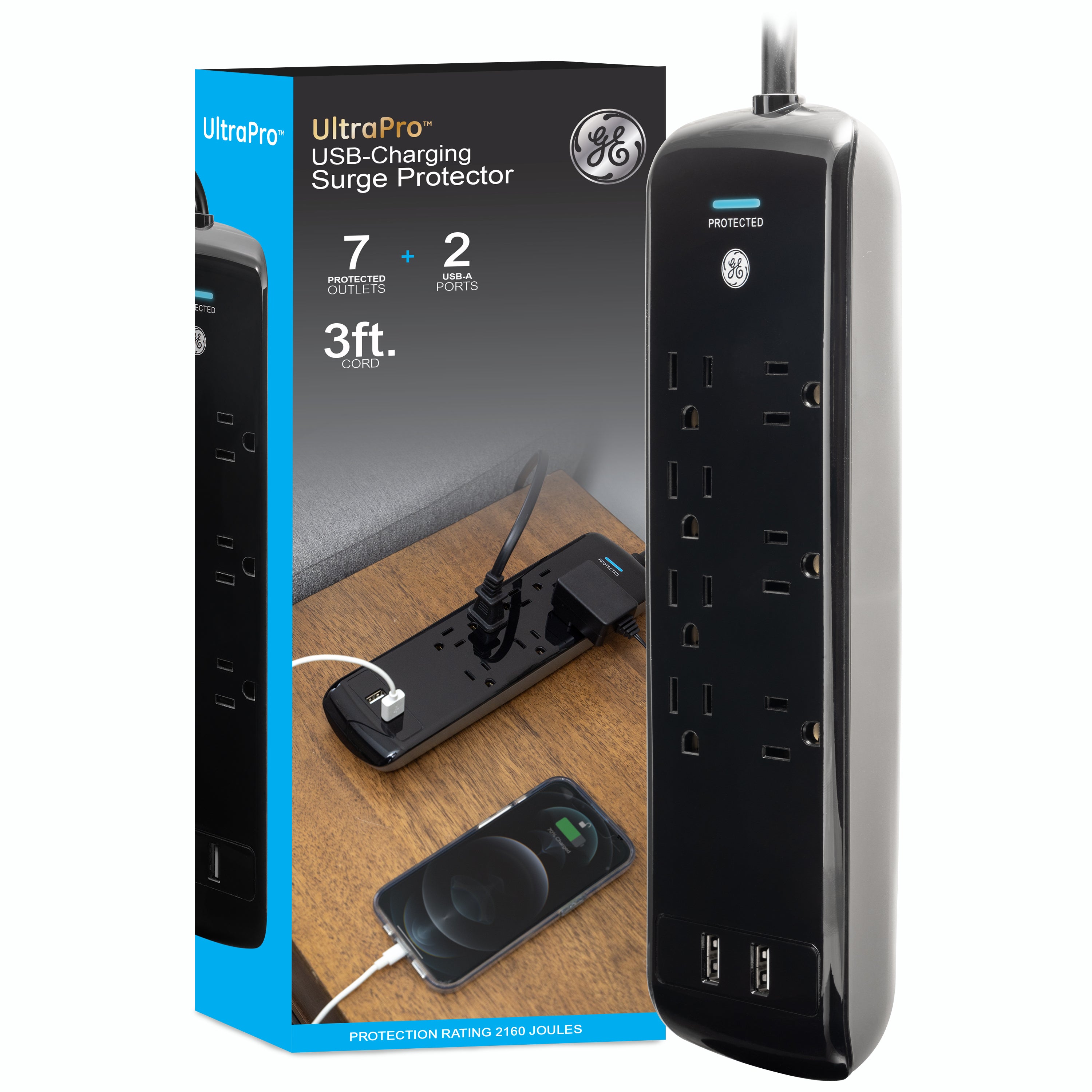 GE UltraPro 7-Outlet USB-Charging Surge Protector 1780J, 2 Ports, 2.1A, 3ft. Cord, Black