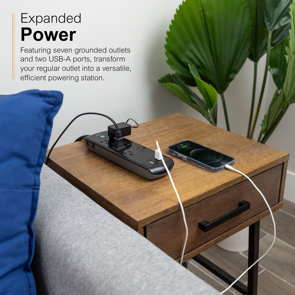 GE UltraPro 7-Outlet USB-Charging Surge Protector 1780J, 2 Ports, 2.1A, 3ft. Cord, Black
