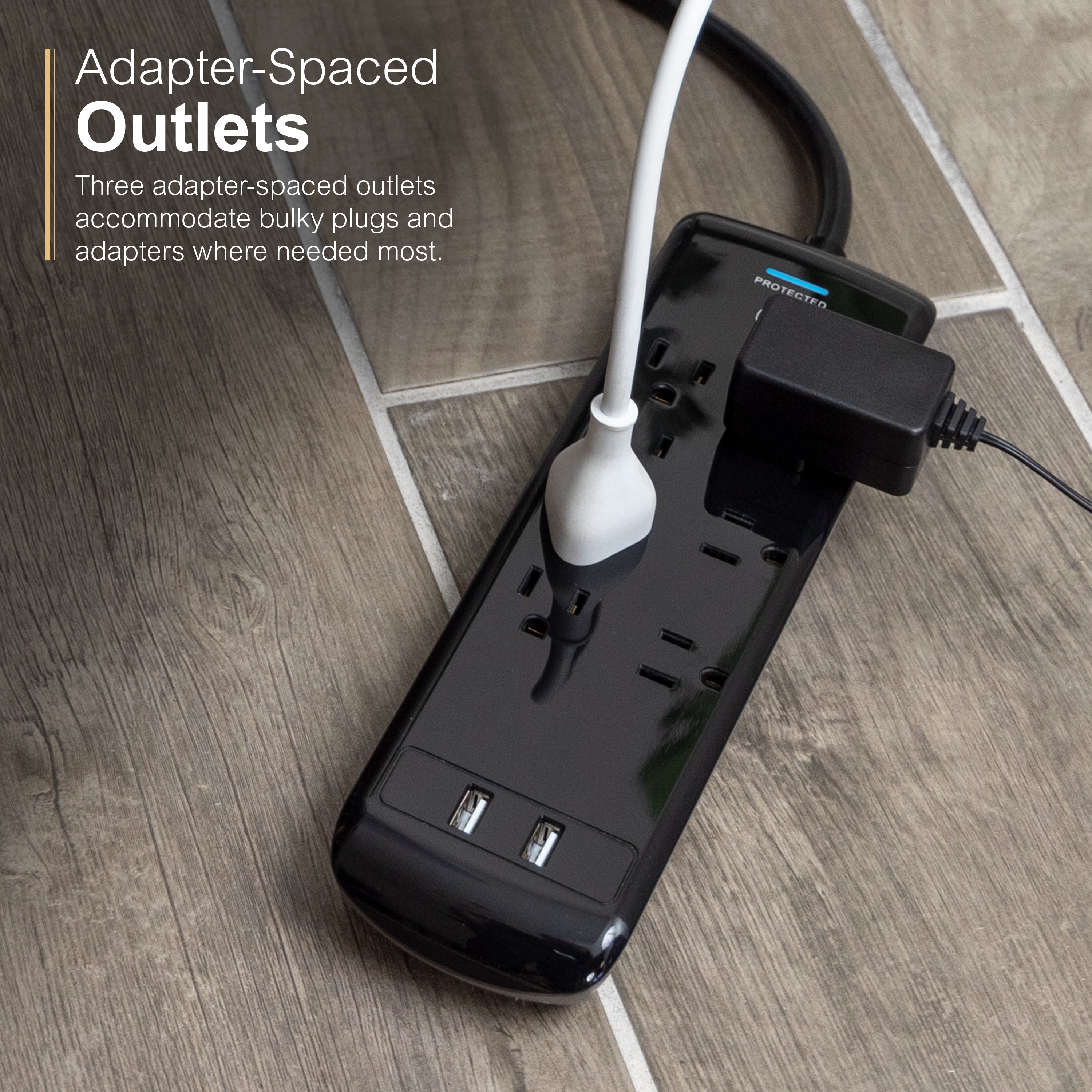 GE UltraPro 7-Outlet USB-Charging Surge Protector 1780J, 2 Ports, 2.1A, 3ft. Cord, Black