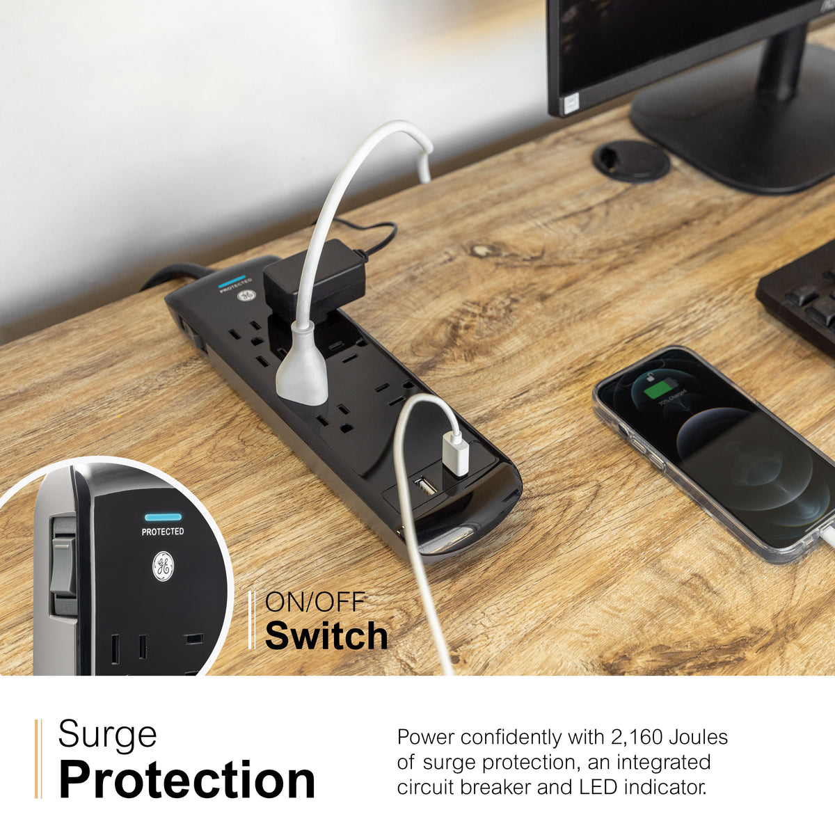 GE UltraPro 7-Outlet USB-Charging Surge Protector 1780J, 2 Ports, 2.1A, 3ft. Cord, Black