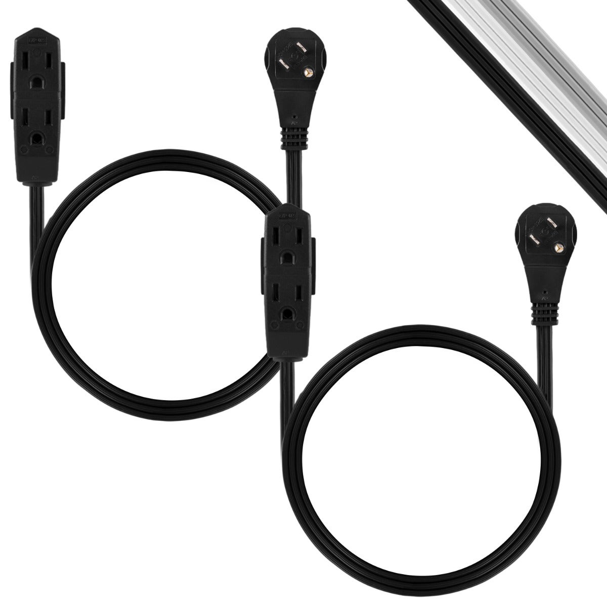 GE 3-Outlet 3ft. Extension Cord with Right Angle-Plug, 2 Pack, Black