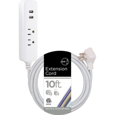 Cordinate 2-Outlet 2-USB 10ft. Braided Extension Cord with Surge Protection, White/Gray