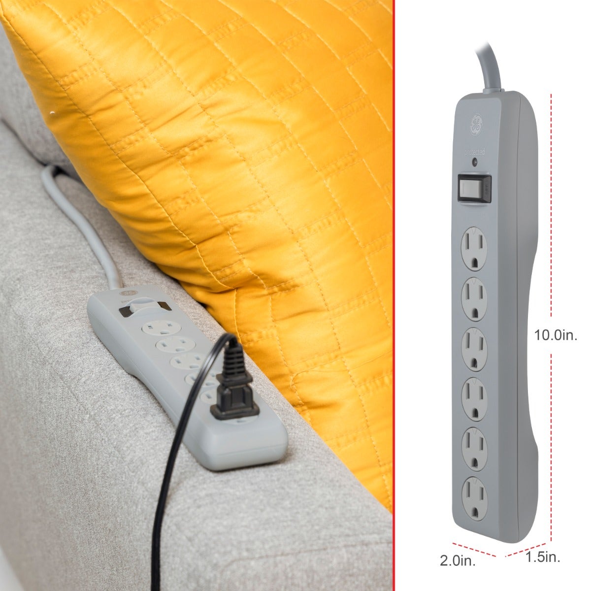 GE 6-Outlet 10ft. Surge Protector with Twist-to-Close Safety Outlets, Gray
