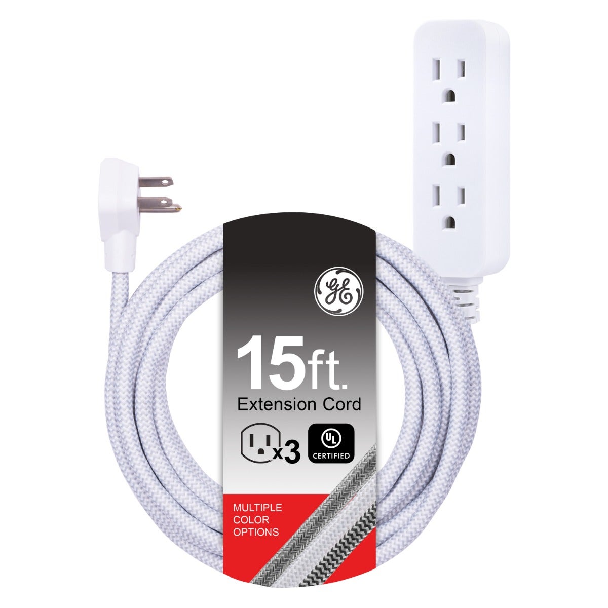 GE Pro 3-Outlet 15ft. Braided Extension Cord, Gray/White