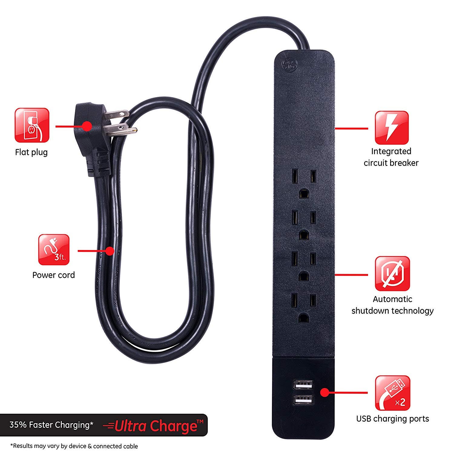 GE 4-Outlet 2-USB 3ft. Surge Protector, Black