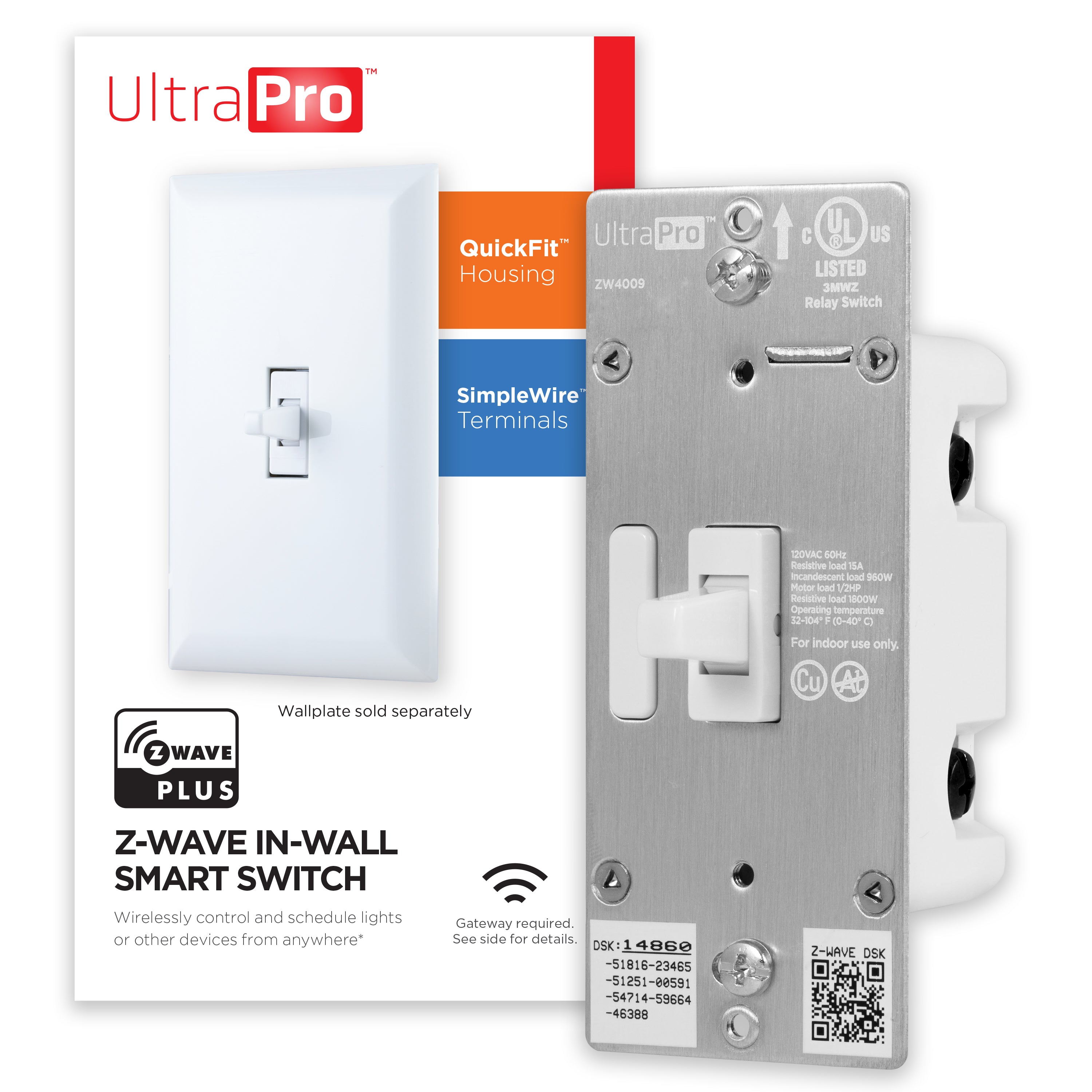 UltraPro Z-Wave In-Wall Smart Toggle Switch with QuickFit and SimpleWire, White