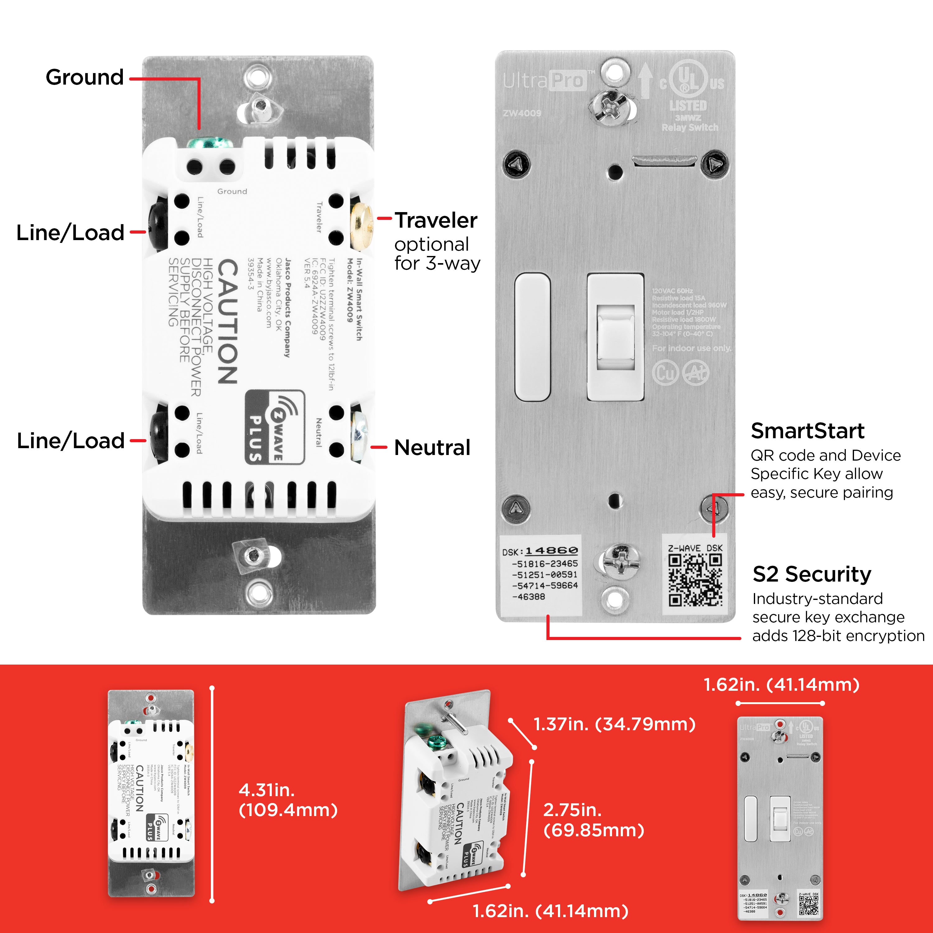 UltraPro Z-Wave In-Wall Smart Toggle Switch with QuickFit and SimpleWire, White