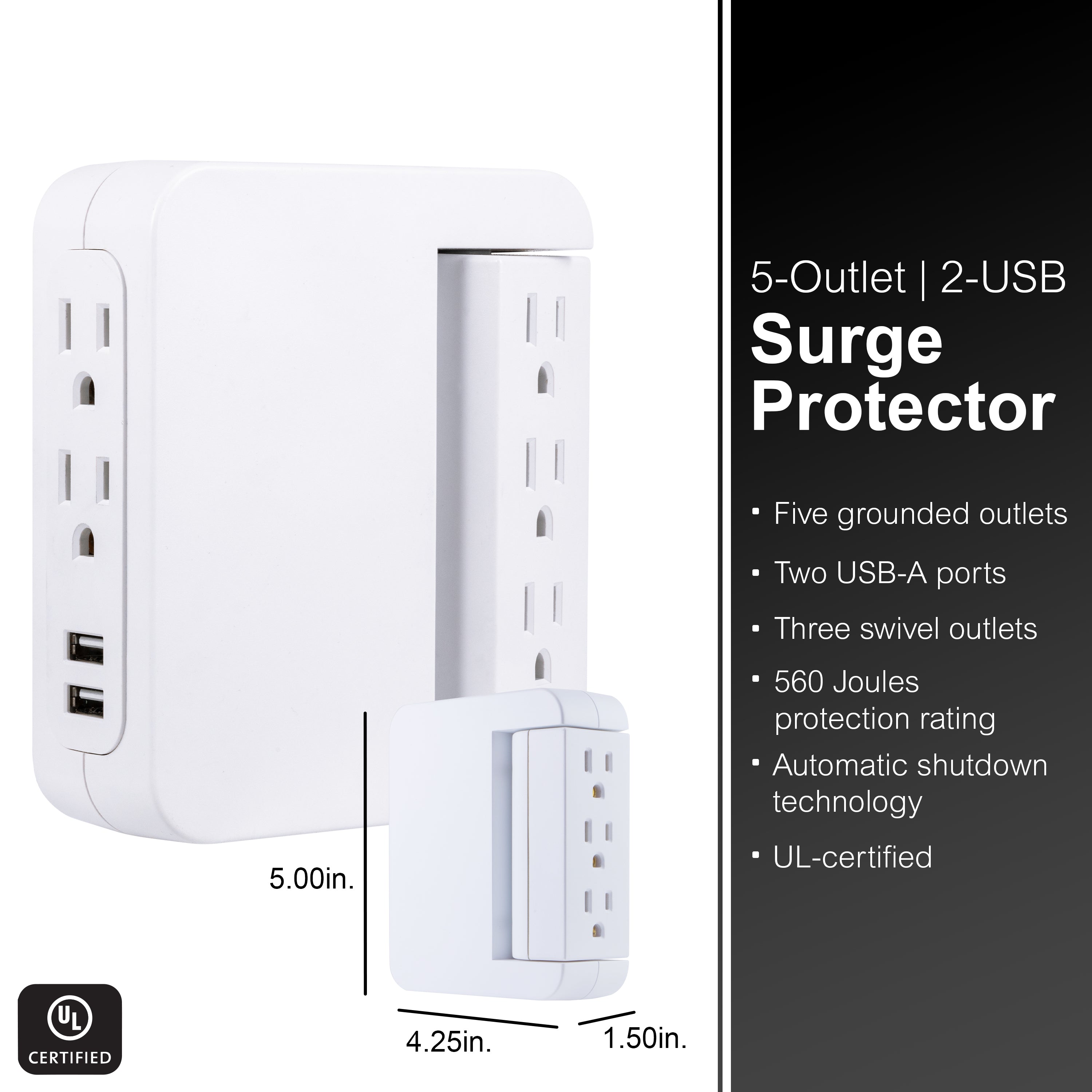 GE 5-Outlet Swivel Surge Tap with USB, 560J, 2 Ports, 2.4A, White, 2 Pack