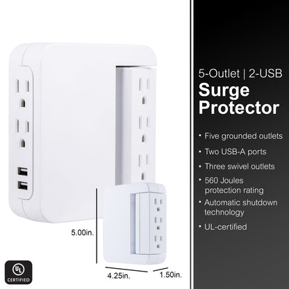 GE 5-Outlet Swivel Surge Tap with USB, 560J, 2 Ports, 2.4A, White, 2 Pack