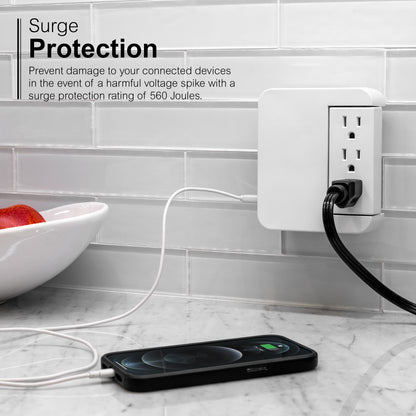 GE 5-Outlet Swivel Surge Tap with USB, 560J, 2 Ports, 2.4A, White, 2 Pack