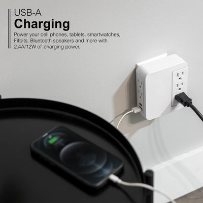 GE 5-Outlet Swivel Surge Tap with USB, 560J, 2 Ports, 2.4A, White, 2 Pack