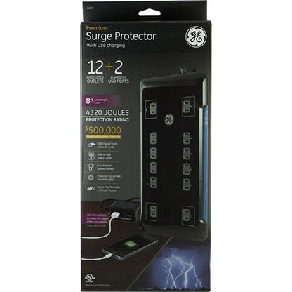 GE 12-Outlet 8ft. Surge Protector with 2-USB Tether, Black