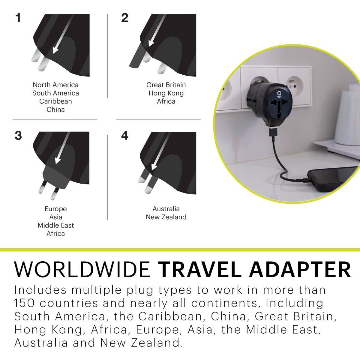 Power Gear International Travel Adapter with USB Passive Connector, Black