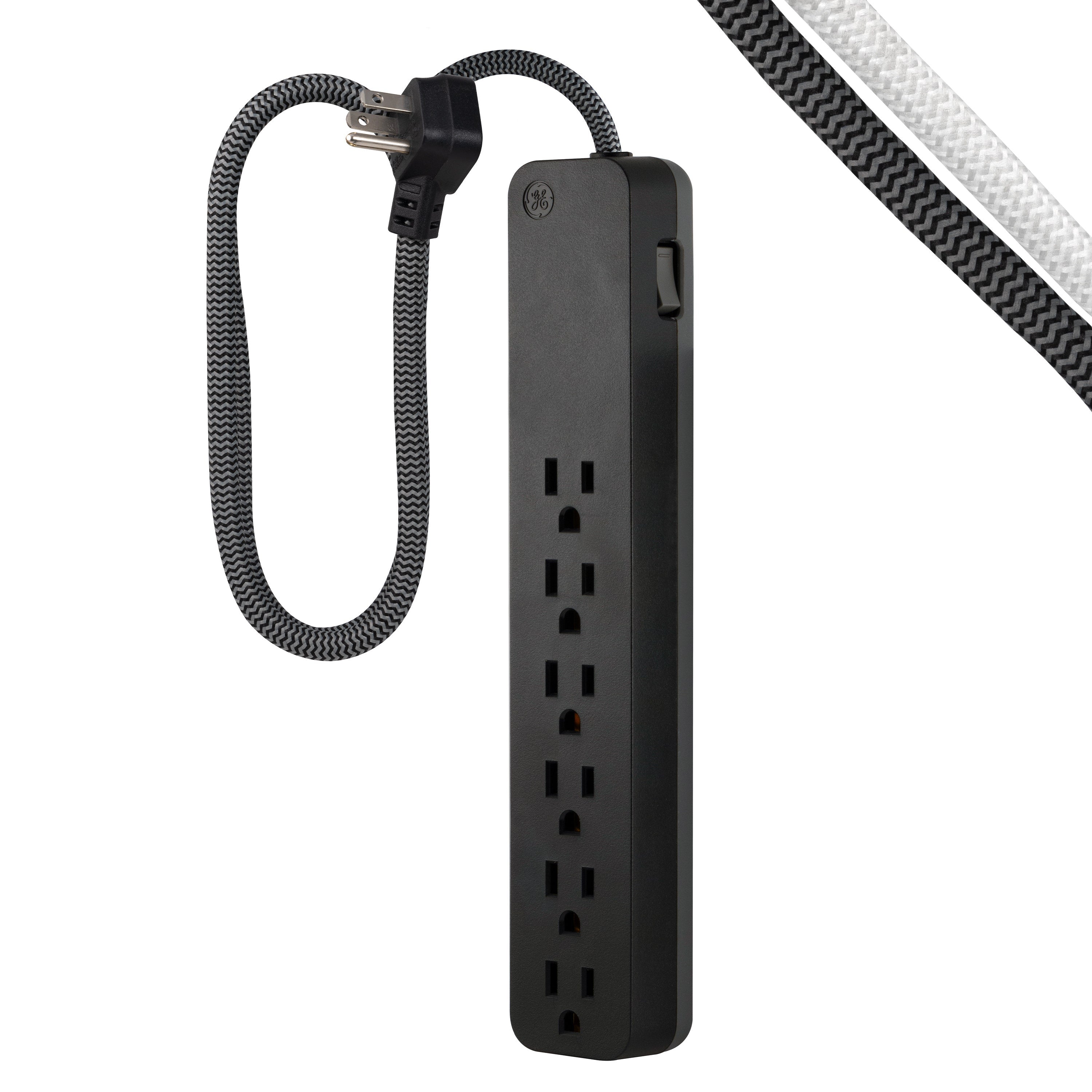 GE 6-Outlet Surge Protector 3ft. Braided Cord, Black