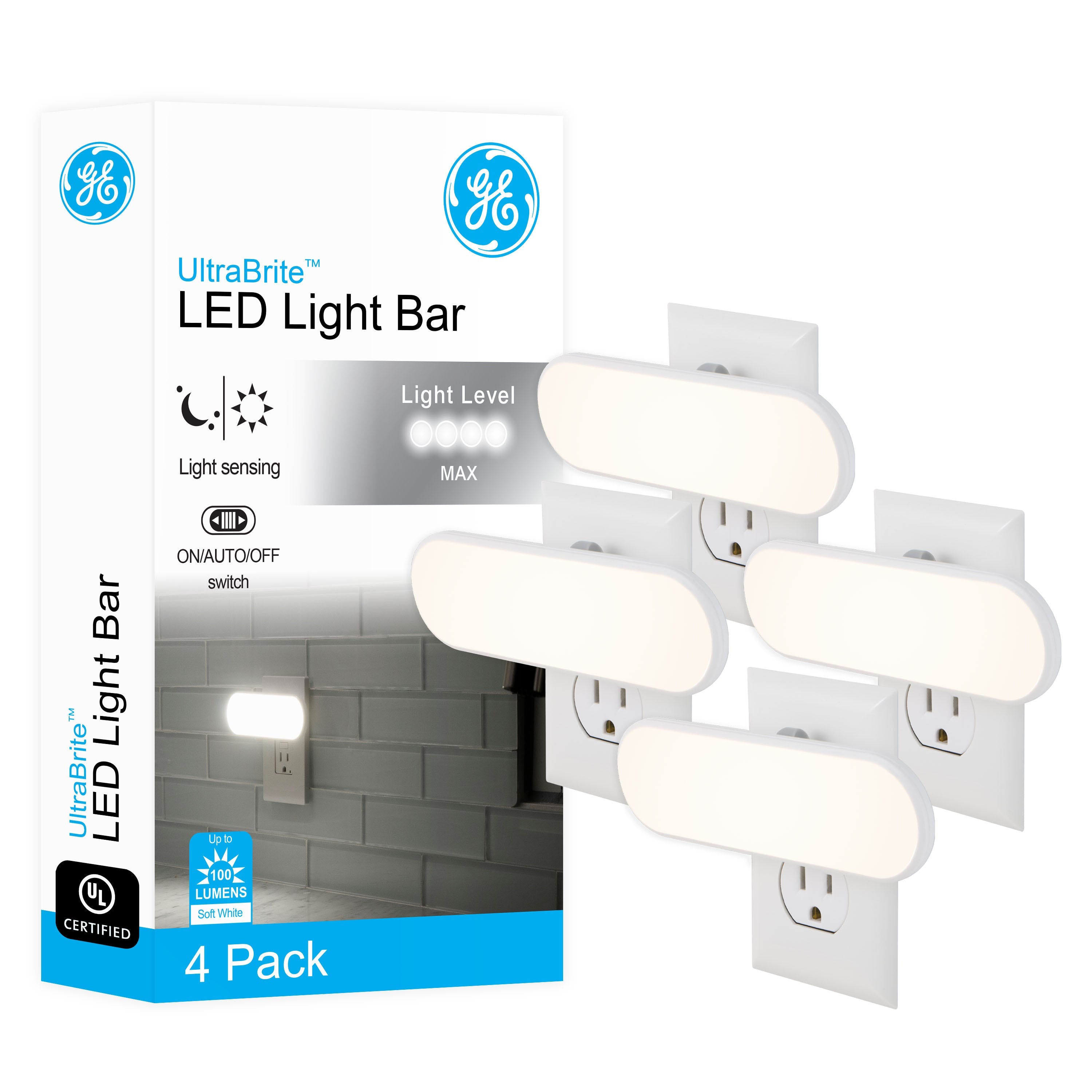 GE UltraBright Plug-In Automatic LED Light Bar, 4 Pack, White